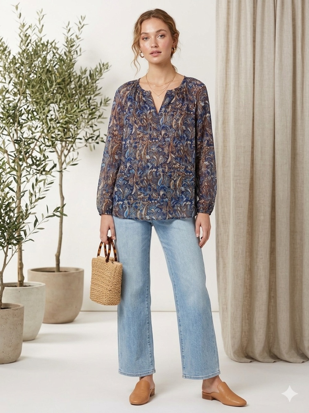 Boho Sheer Tunic Blouse XL Blue Brown Paisley | Karen Kane